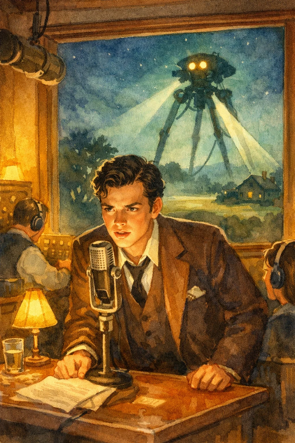 A 1930s radio studio with Orson Welles at the microphone and Martian tripod silhouettes visible through the window