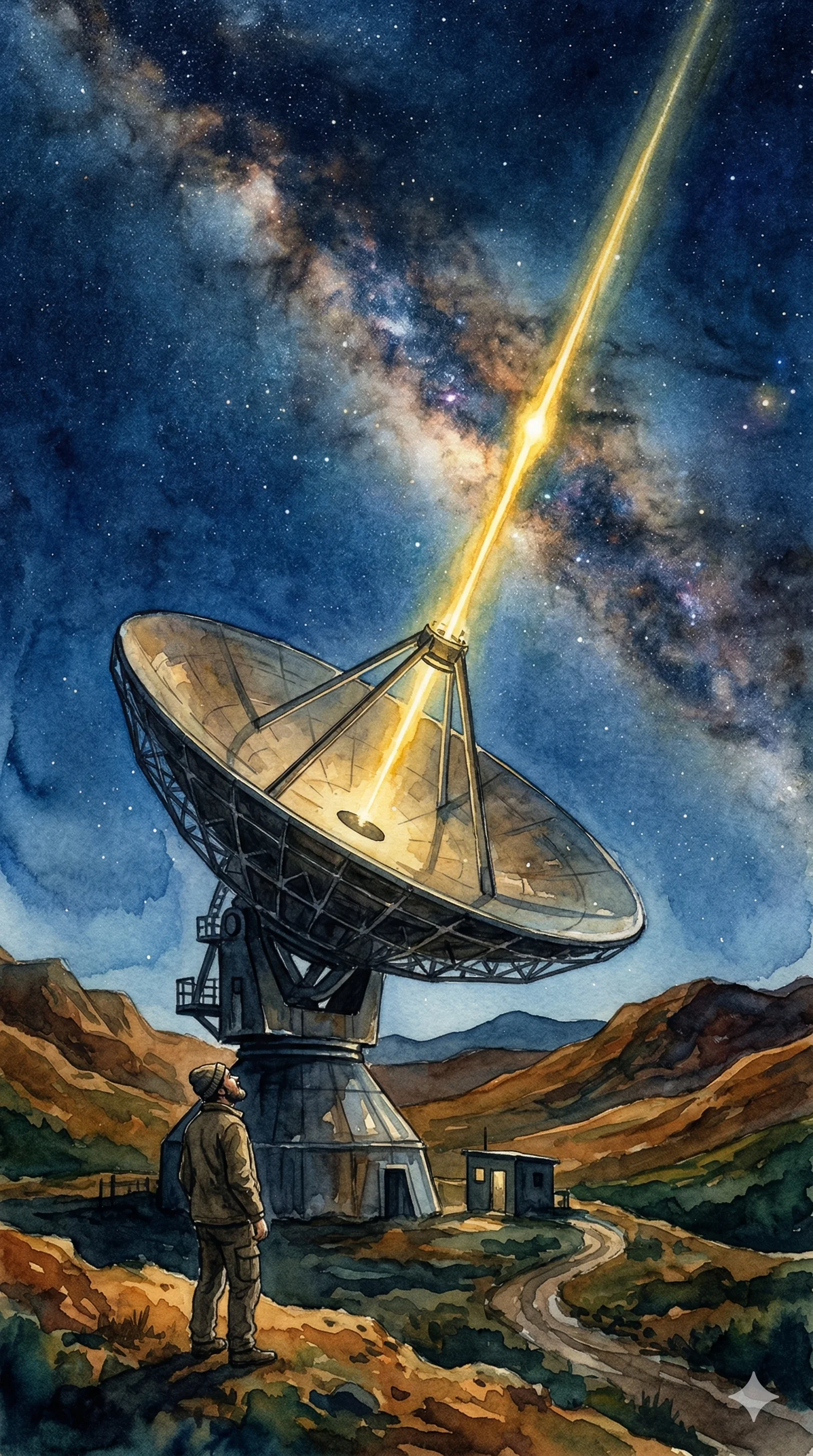 A massive radio telescope dish pointed at a star-filled night sky with a mysterious signal pulse visible