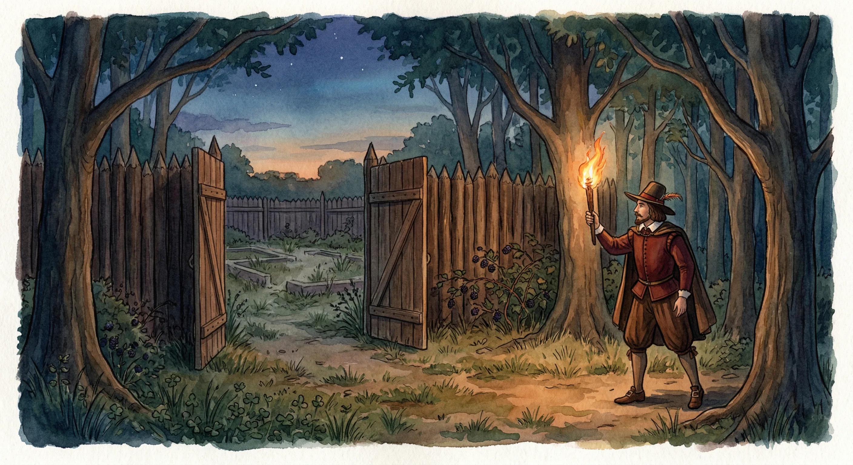 A man with a torch stands before an empty palisade fort at dusk