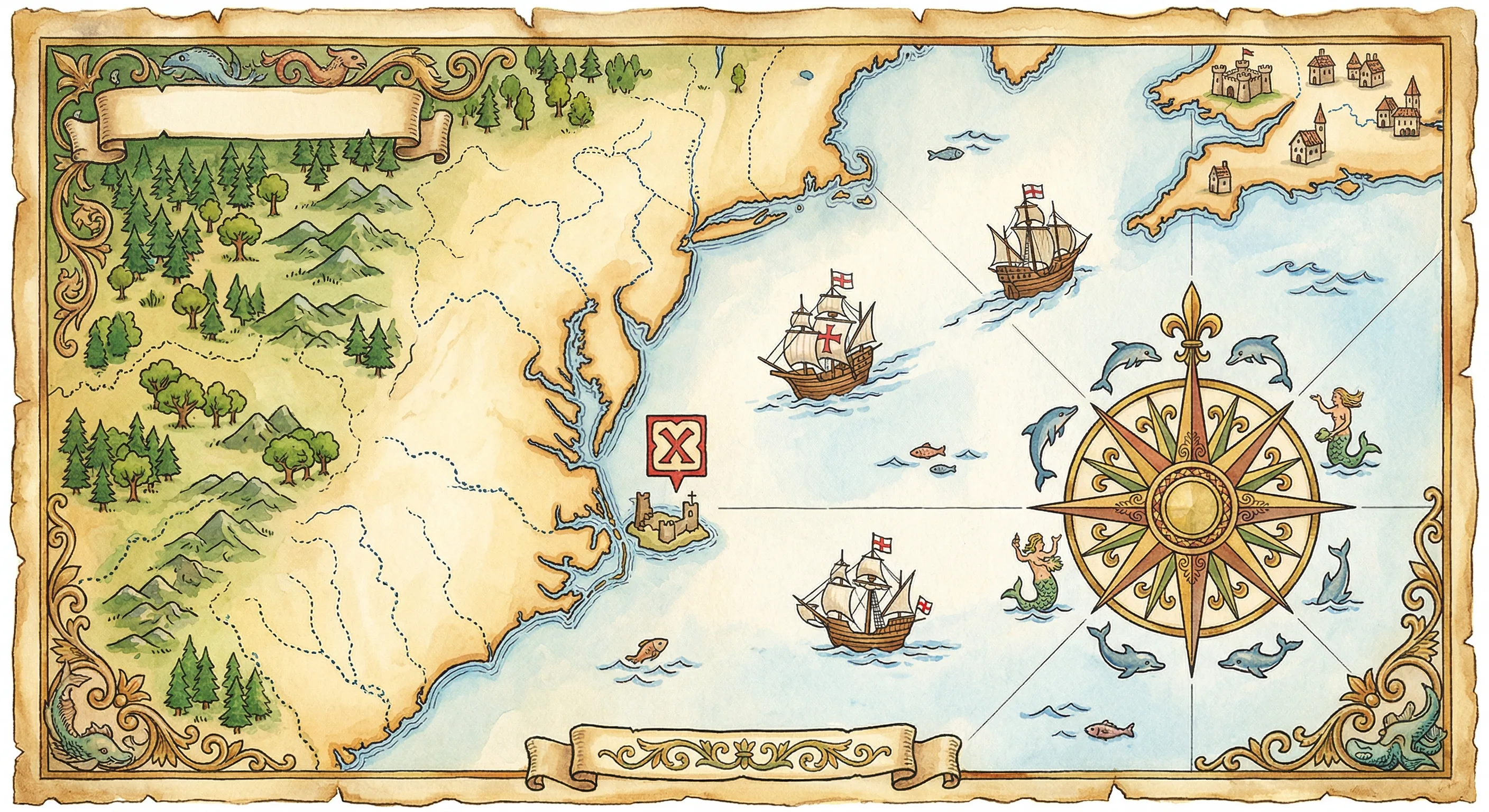 Illustrated treasure-map style map of the east coast showing Roanoke Island