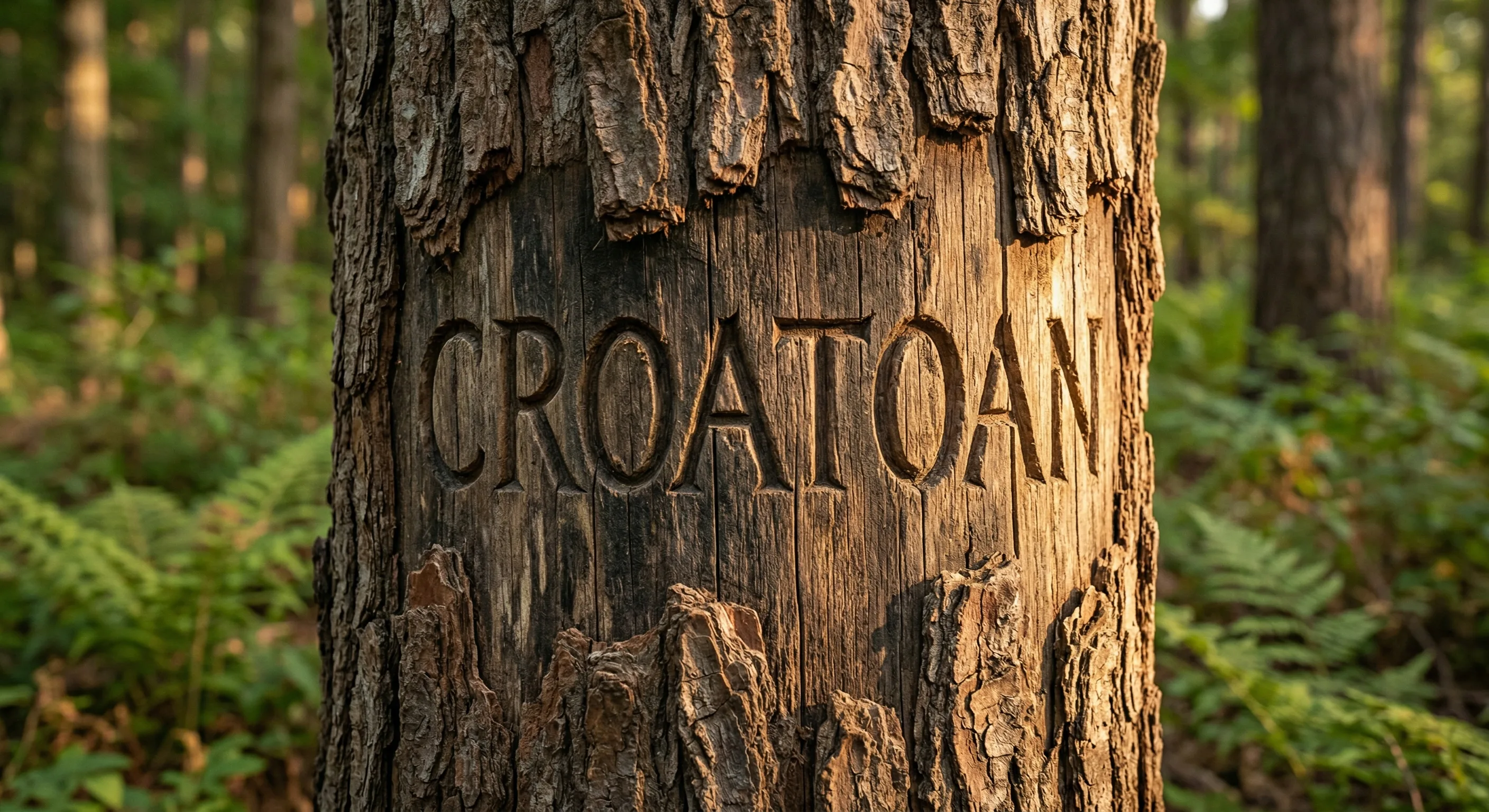 CROATOAN carved in capital letters into a thick wooden post