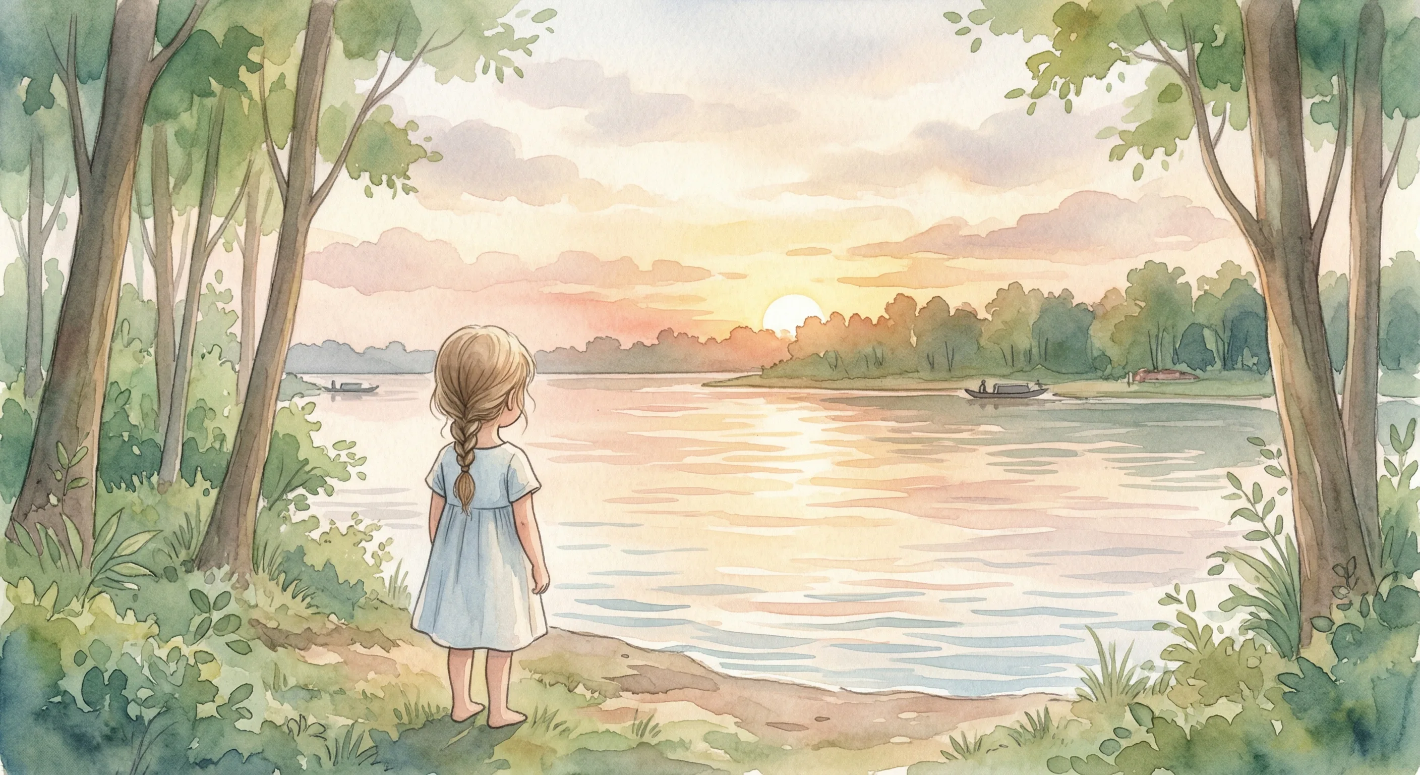 A young girl seen from behind, standing at the edge of a forest looking out over water