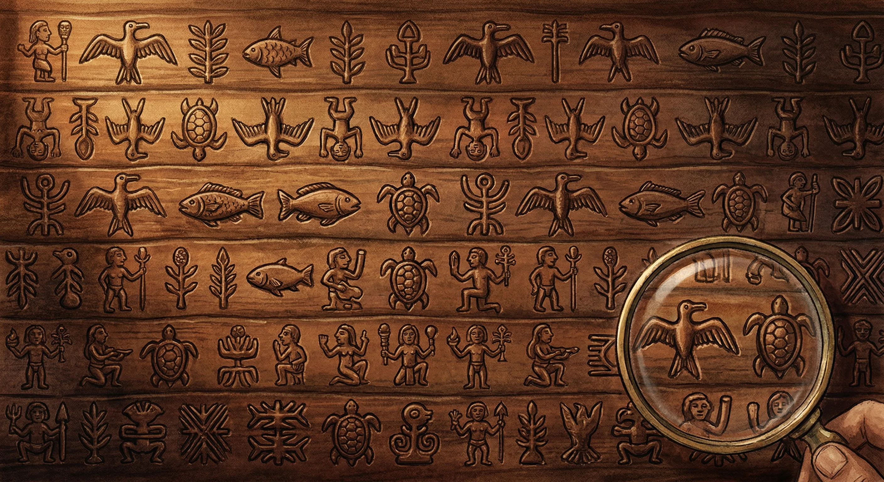 Extreme close-up of rongorongo glyphs carved into dark wood