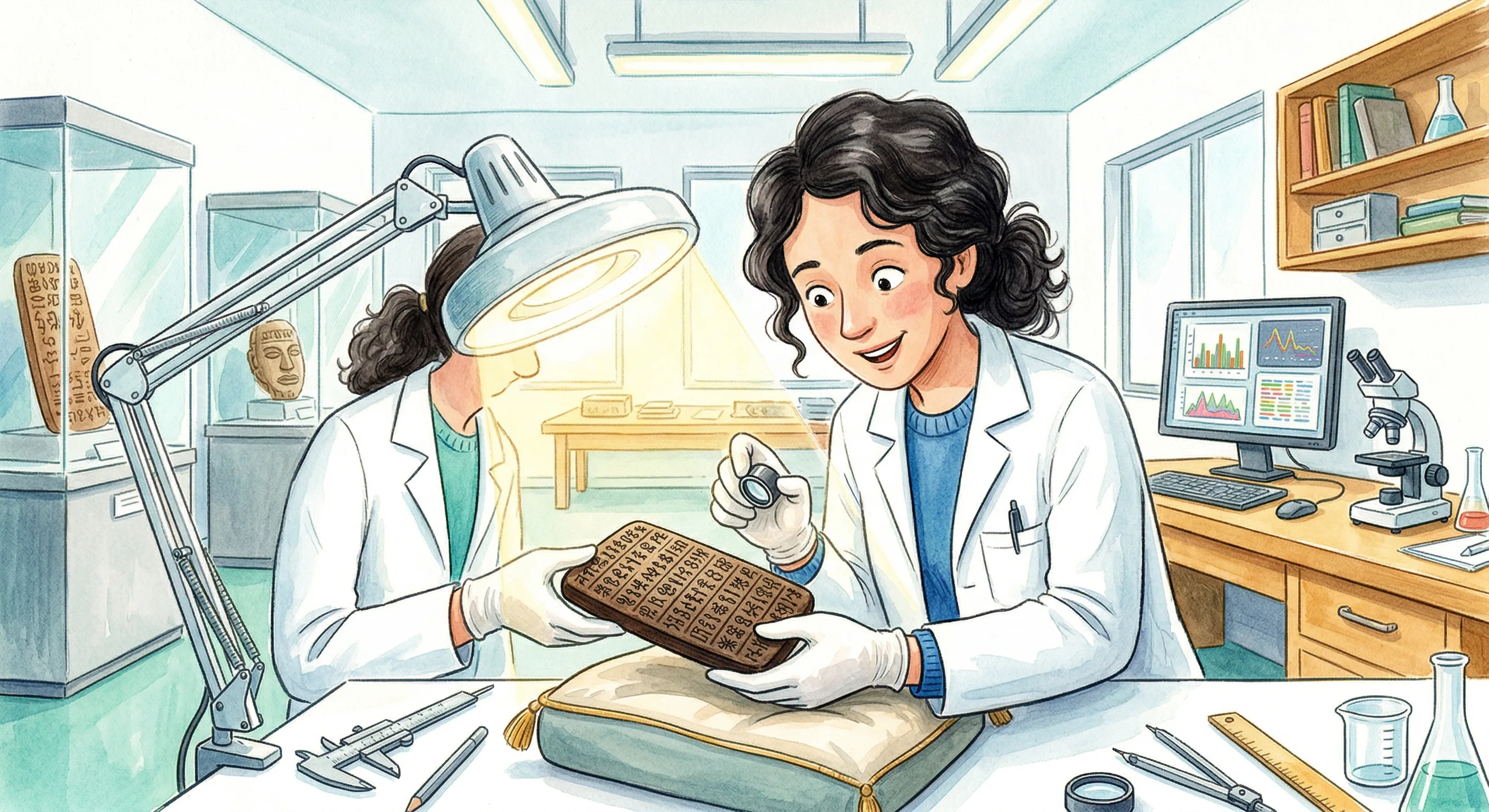 A scientist handling a rongorongo tablet with white gloves in a laboratory