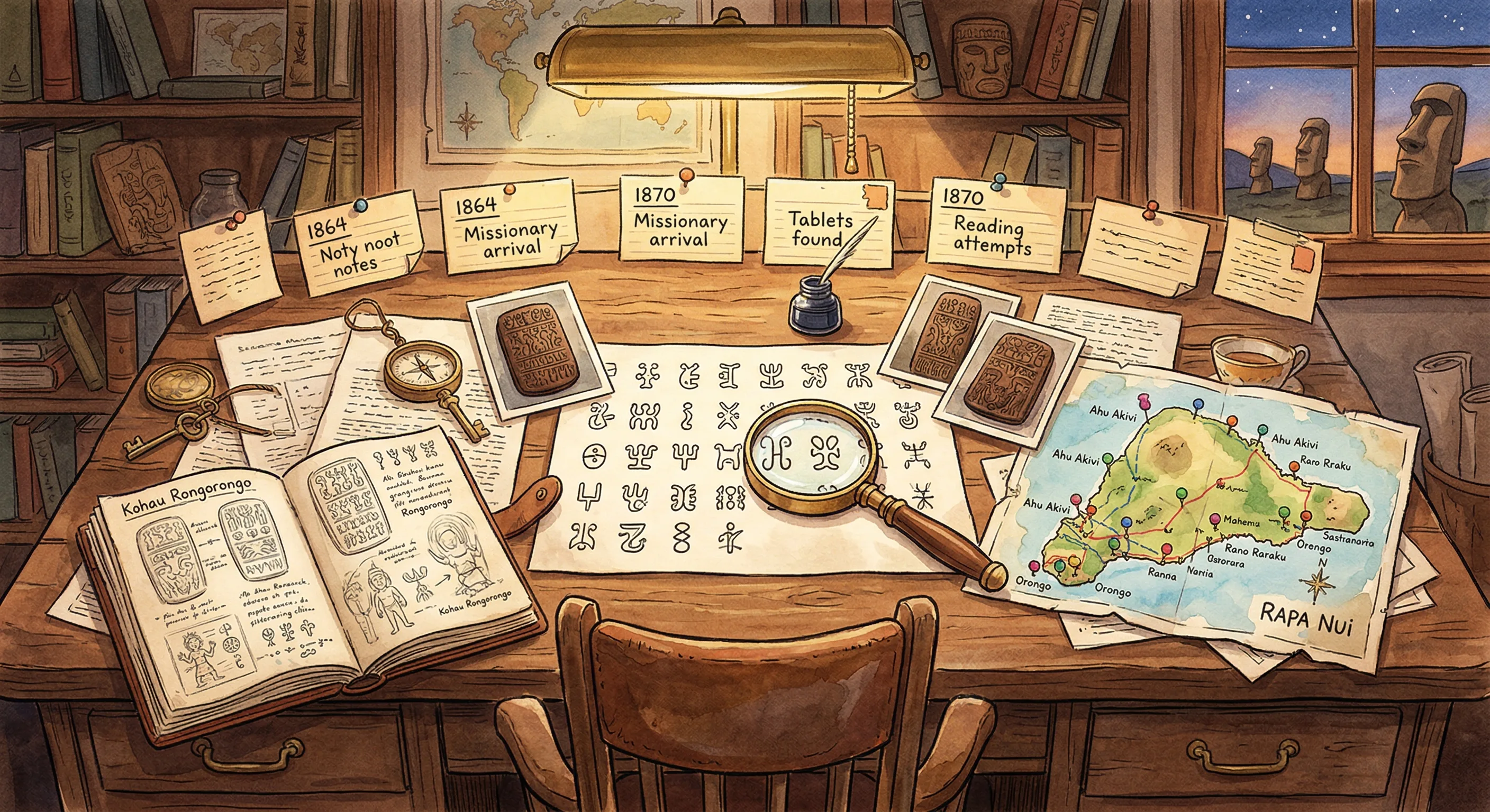 A detective's desk with photographs of rongorongo tablets, maps, and research notes