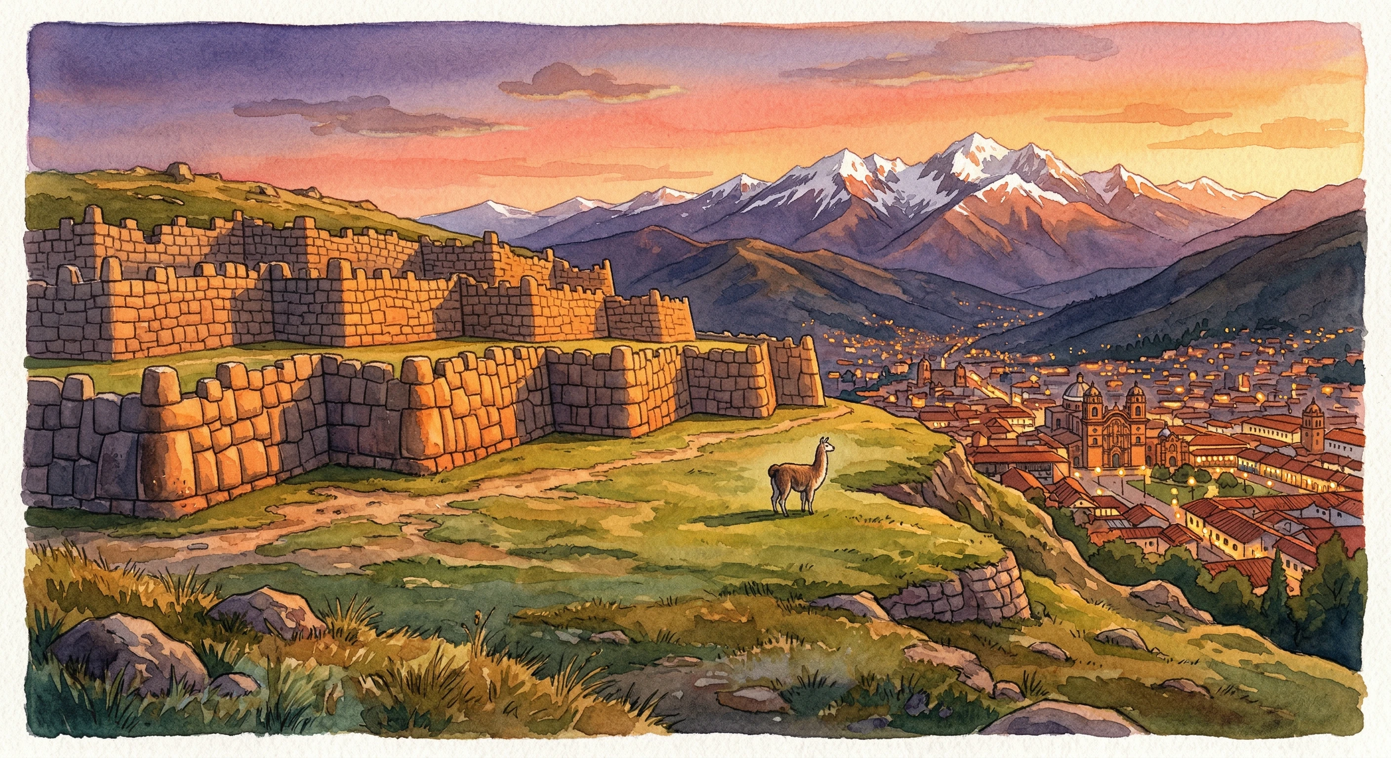 Sacsayhuaman walls at sunset with Cusco visible in the valley below