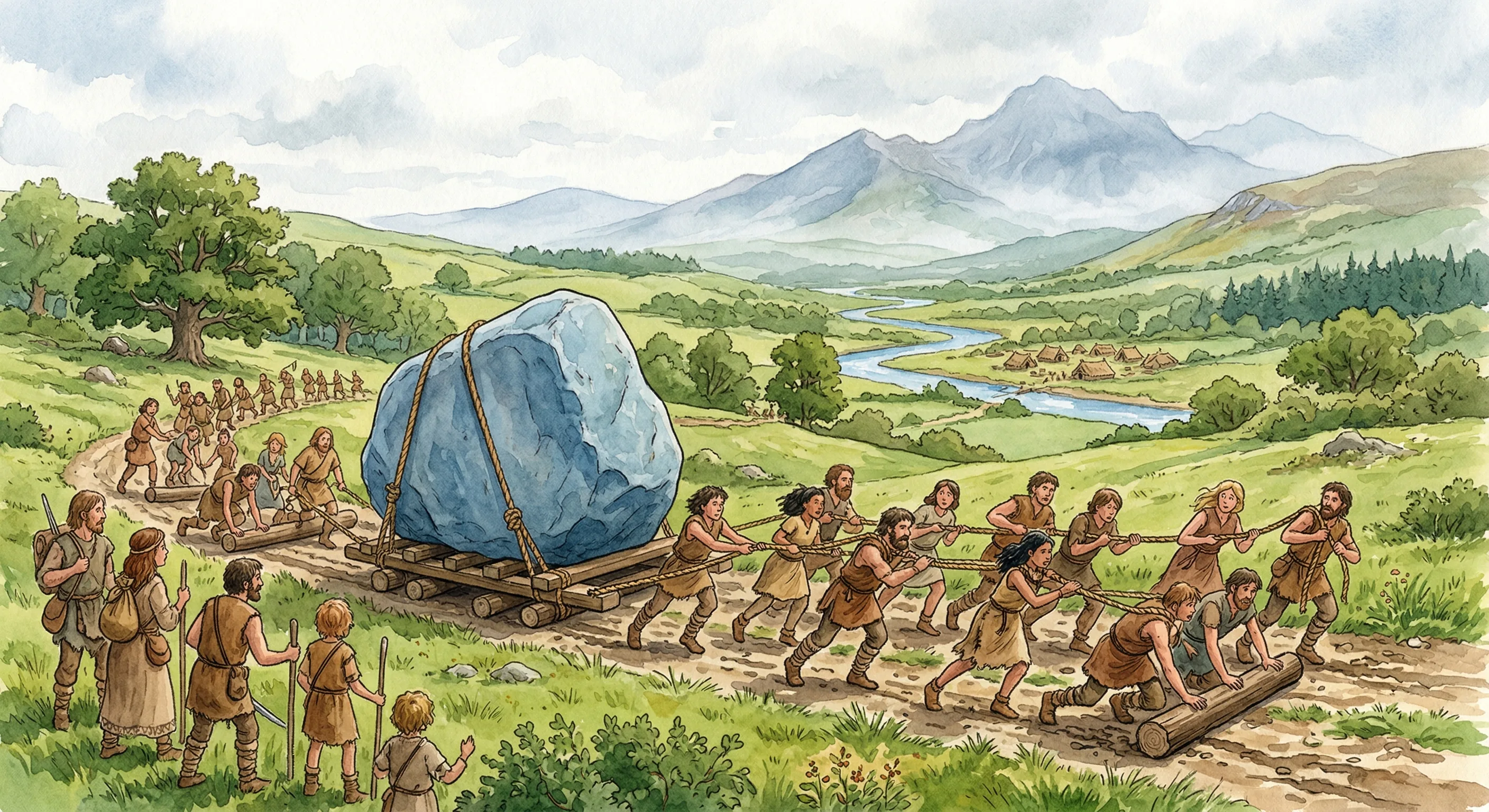 Neolithic people dragging bluestones on wooden sledges across a green landscape
