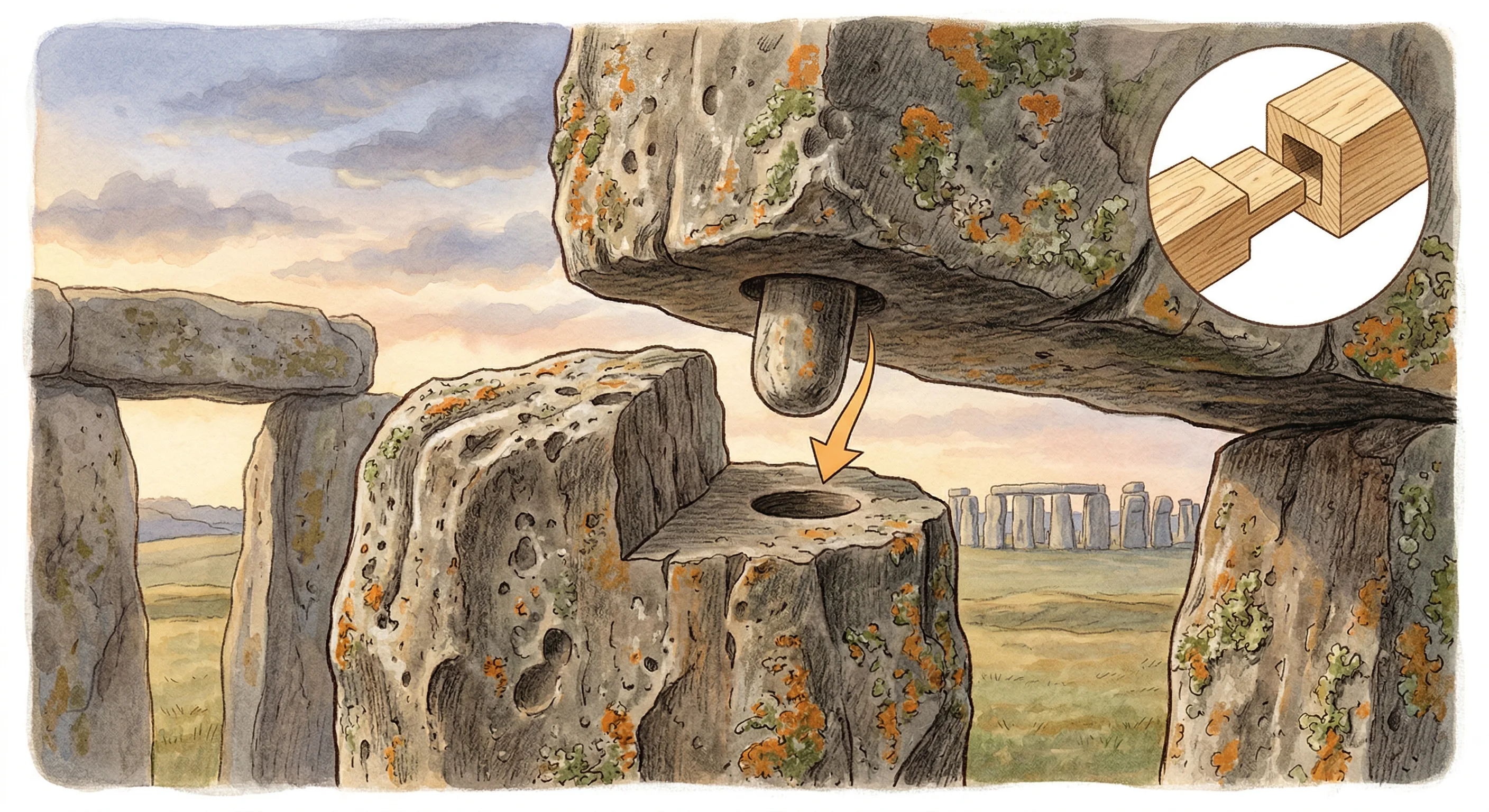 Close-up illustration of mortise and tenon joint carved into sarsen stone