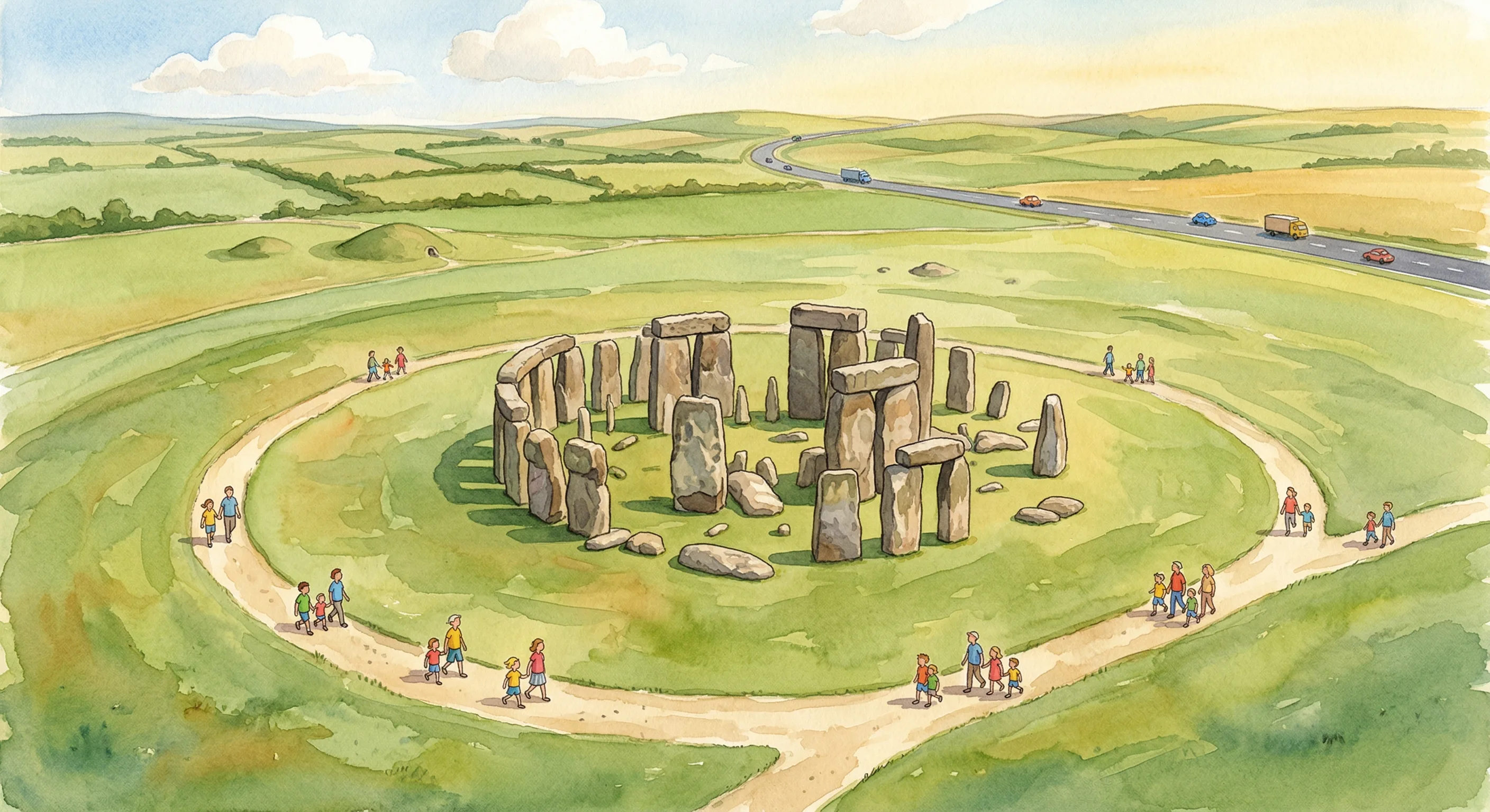 Modern-day Stonehenge with visitors walking among the ancient stones