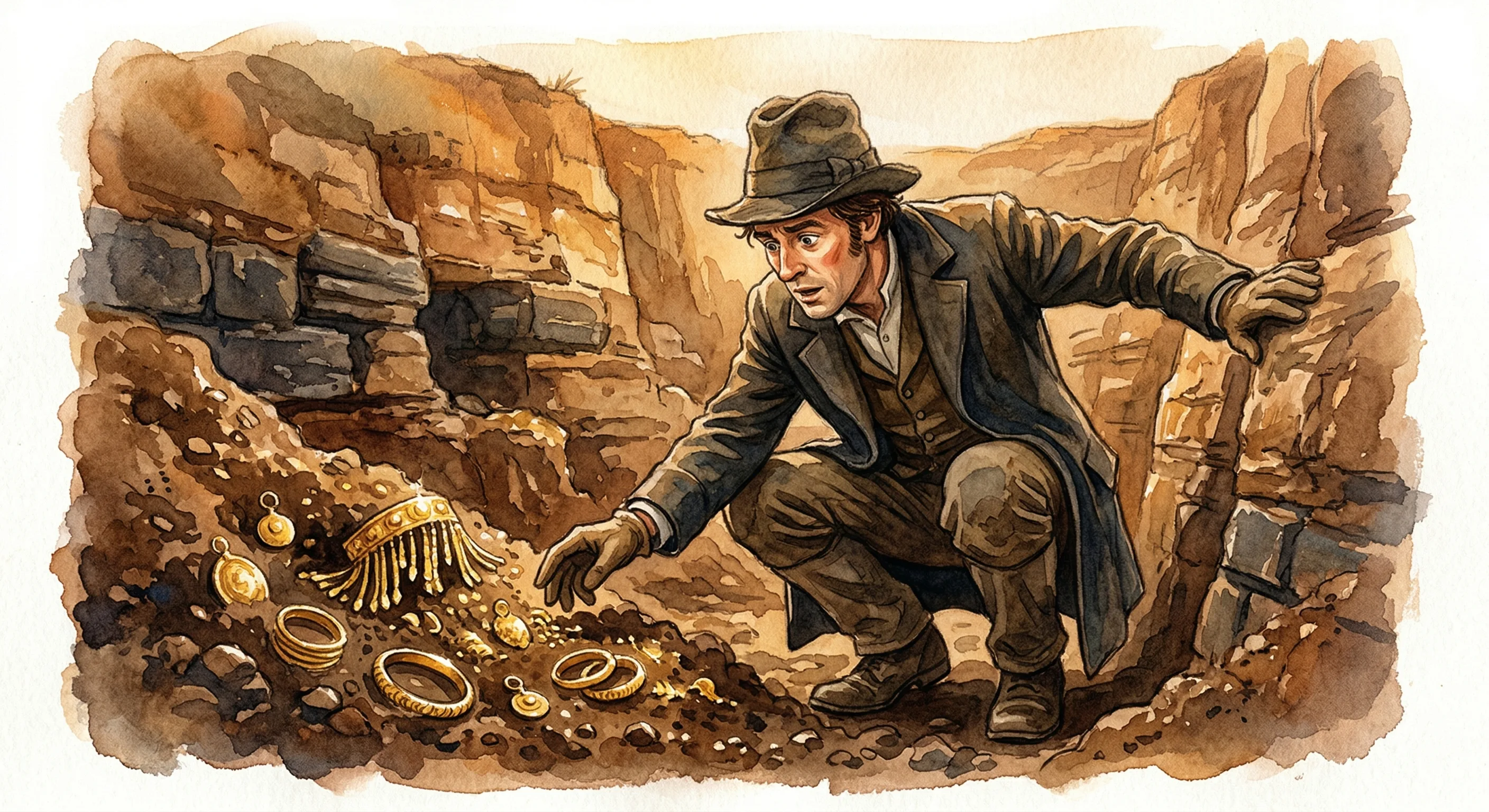 A man crouching in a deep trench, reaching toward golden objects in the earth