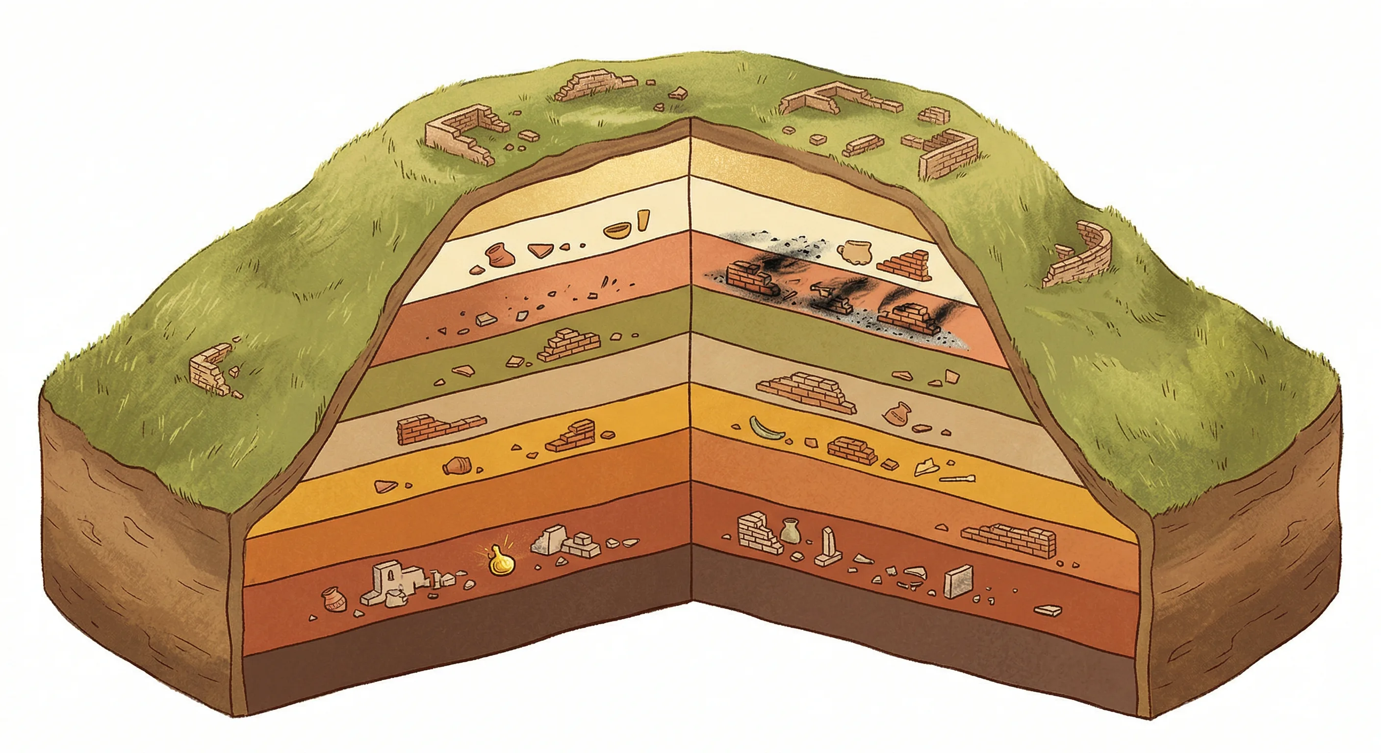 Cross-section diagram showing nine coloured layers of an archaeological mound