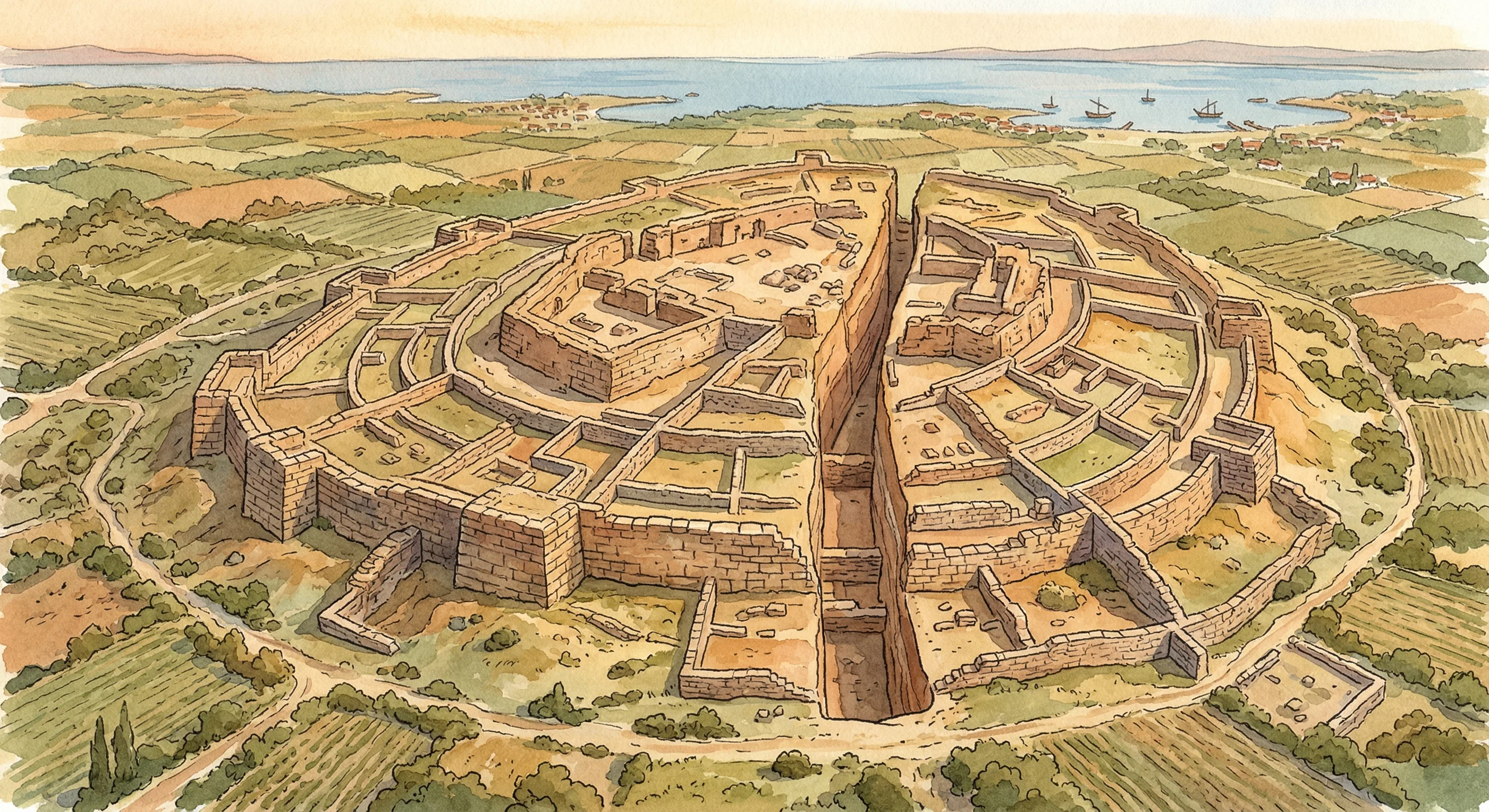 Aerial view of the ruins of ancient Troy at Hisarlik, Turkey