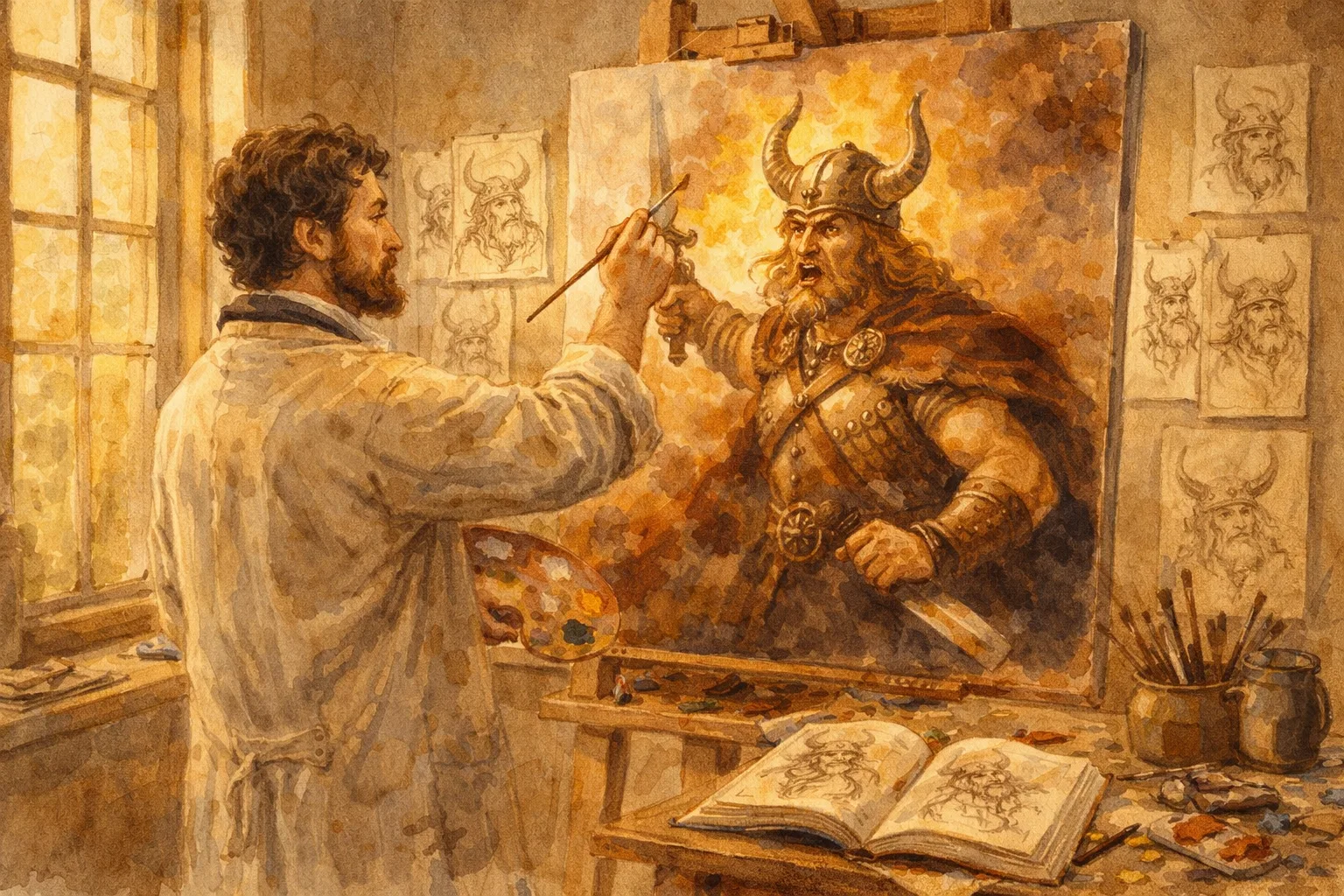 A painter in an 1870s studio adding horns to a Viking helmet on canvas