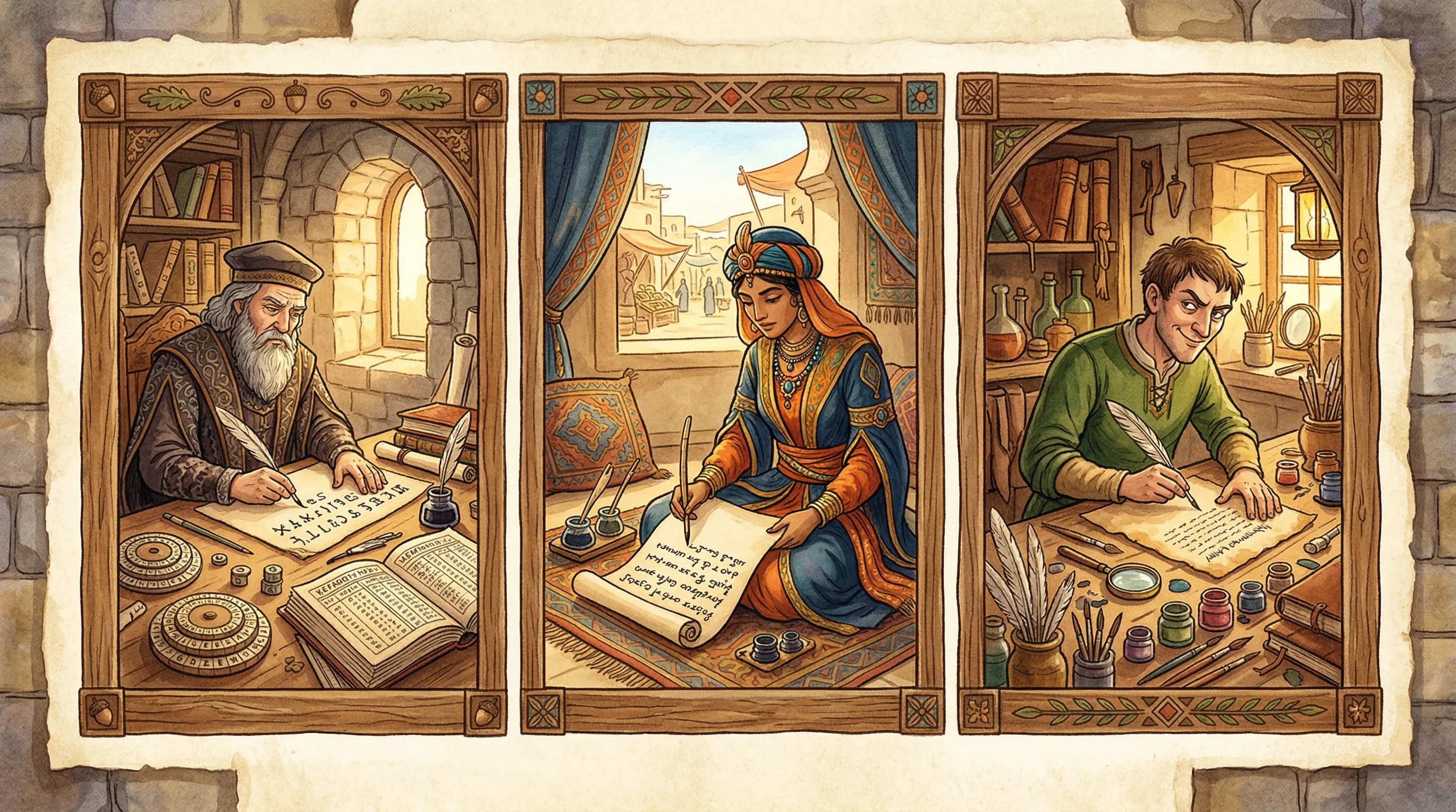 Three scenes representing competing theories about the manuscript