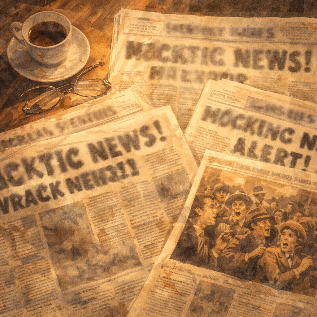 1930s newspaper front pages with dramatic panic headlines