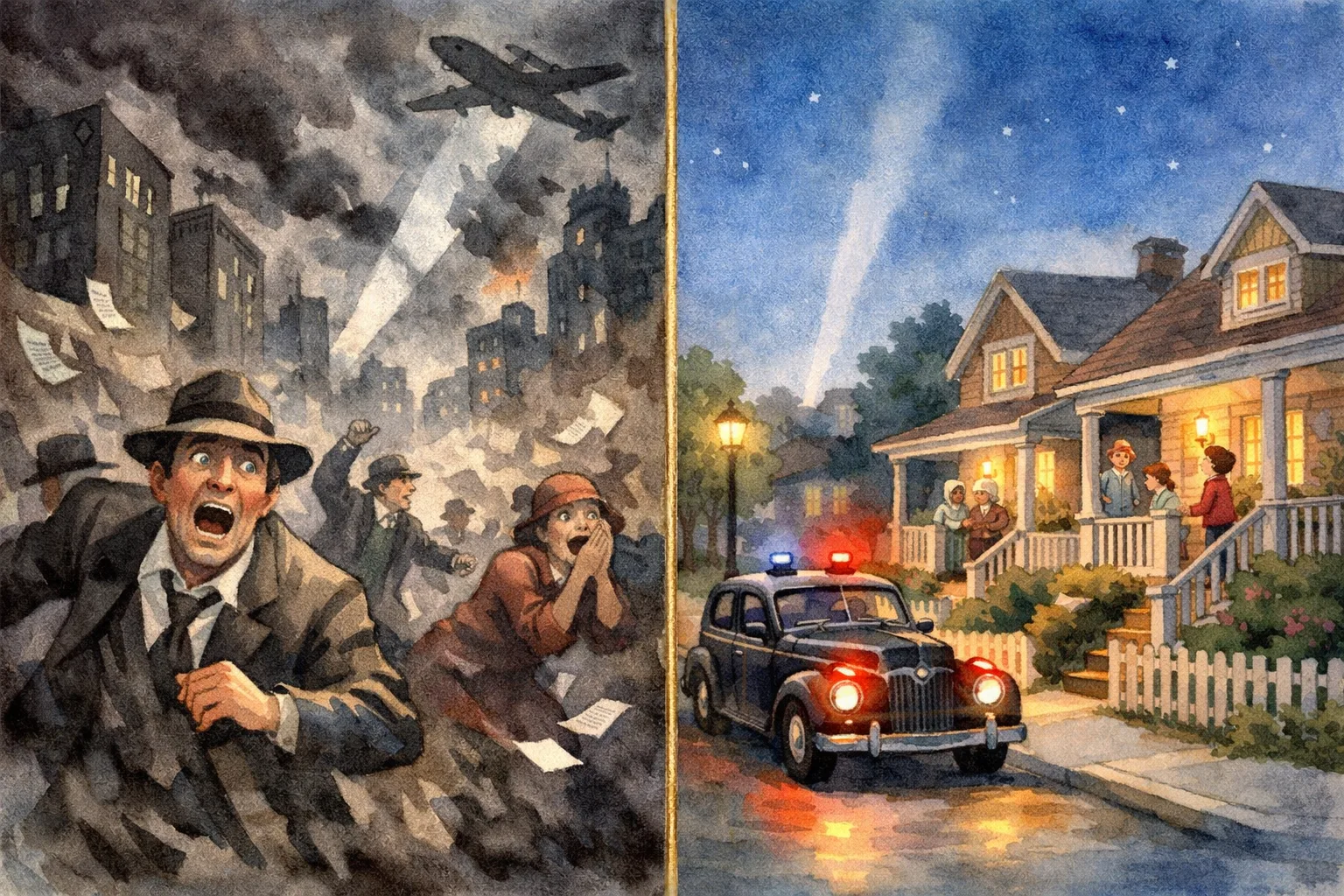 Split comparison of dramatic headlines versus calm street scene