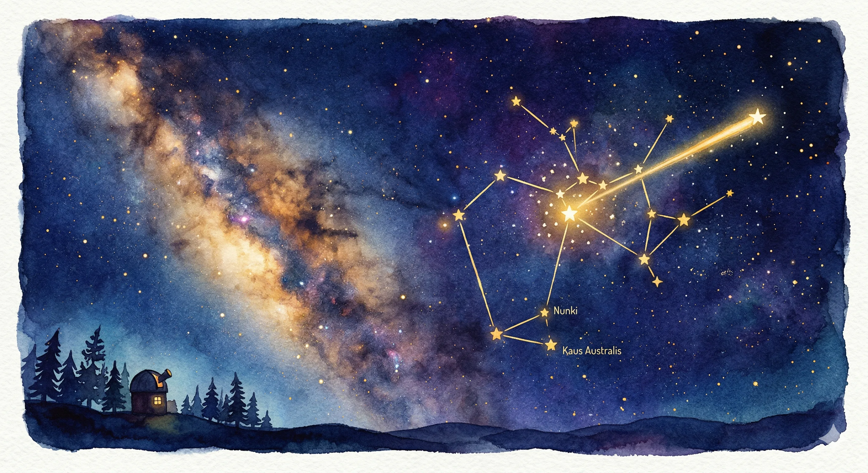 A star map showing the constellation Sagittarius with the signal origin marked