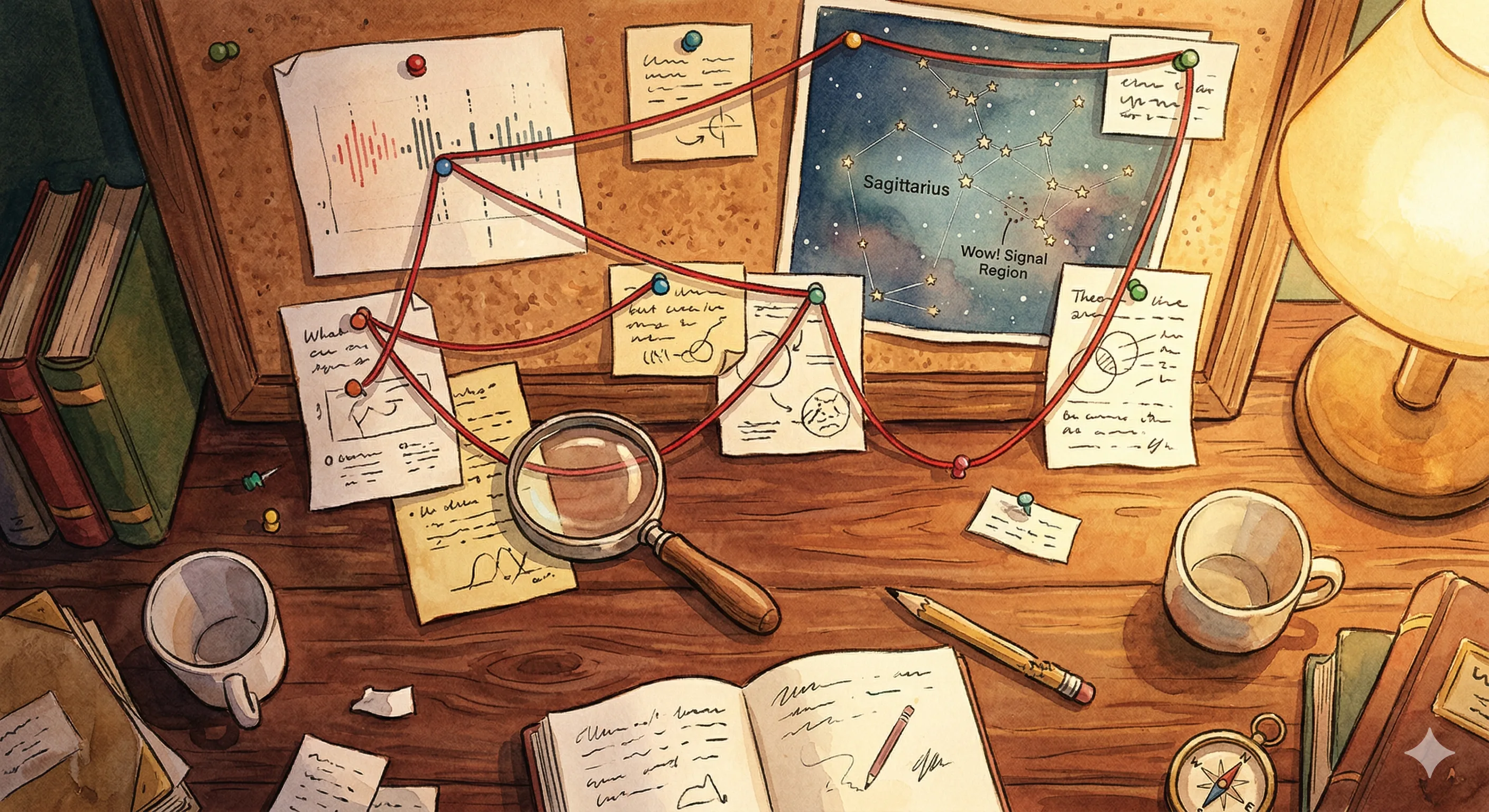 A detective's desk with the Wow! printout, star maps, and theory notes connected by red string
